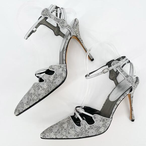Manolo Blahnik Vintage Silver Brocade Floral Pointed Toe Strappy Heel size IT 39 - Picture 5 of 15